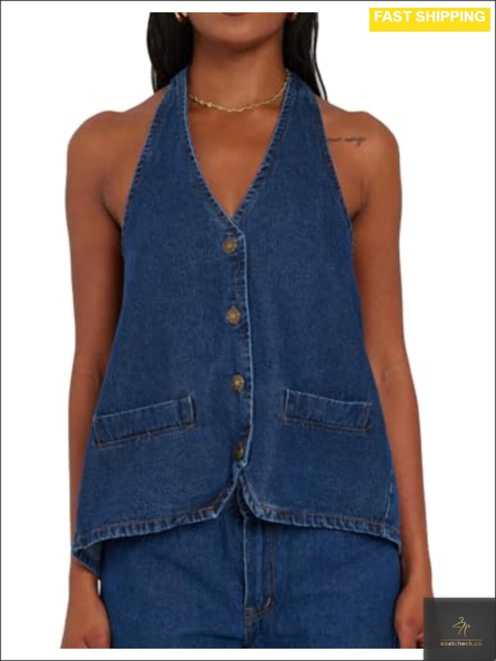 Halter Denim Vest Top V Neck Button Up Backless Jean Tank Top